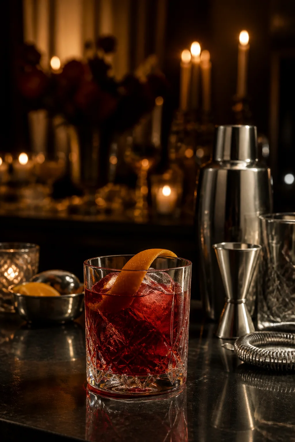 Cocktail rosso in un set editoriale serale